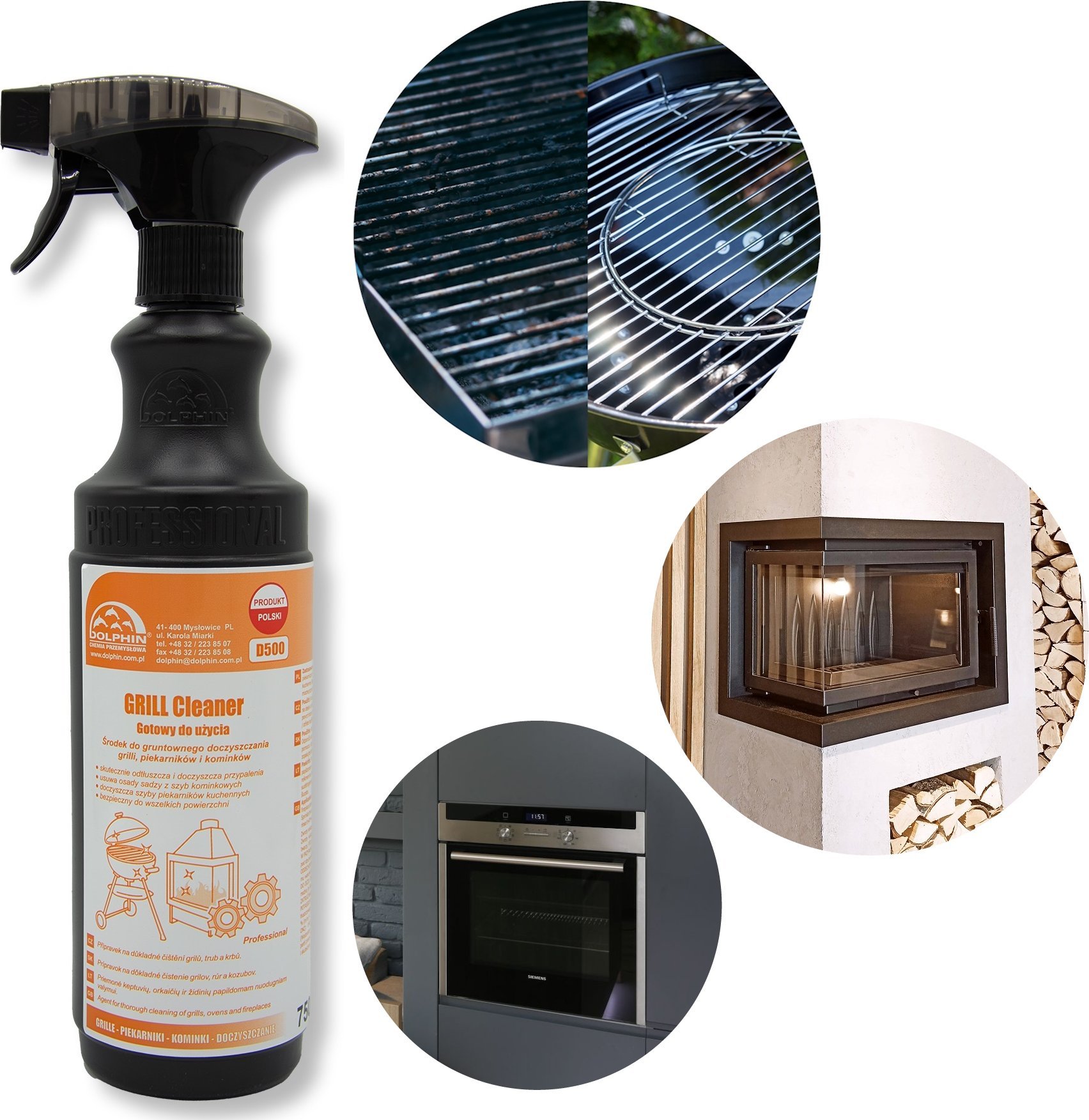 Dolphin GRILL CLEANER ODTŁUSZCZA DO SZYB KOMINKOWYCH USUWANIA PRZYPALEŃ SADZY 750ML