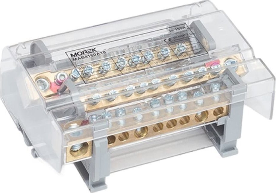MOREK Blok dystrybucyjno-rozdzielczy MOBLOCK 4-polowy 160A-9 + 1 x 50 mm2 + 2 x 35 mm2 + 6 x 16 mm2 TS35 MAB4160A18