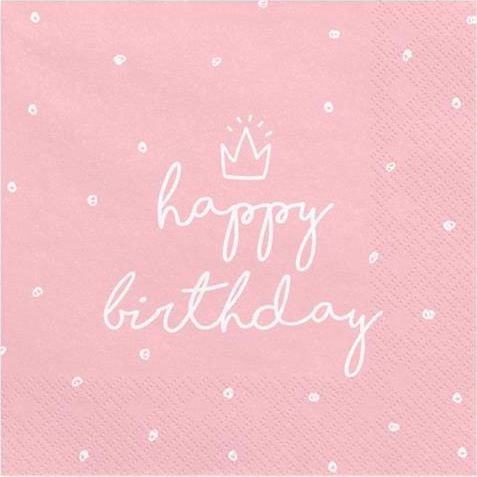 Party Deco Serwetki papierowe, Happy Birthday, jasny róż, 33x33 cm., 20 szt. uniwersalny