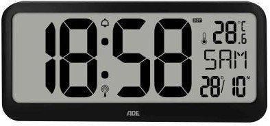 ADE Zegar ścienny elektroniczny, wyświetlacz xxl, z termometrem, budzikiem i kalendarzem, 37 x 17 cm