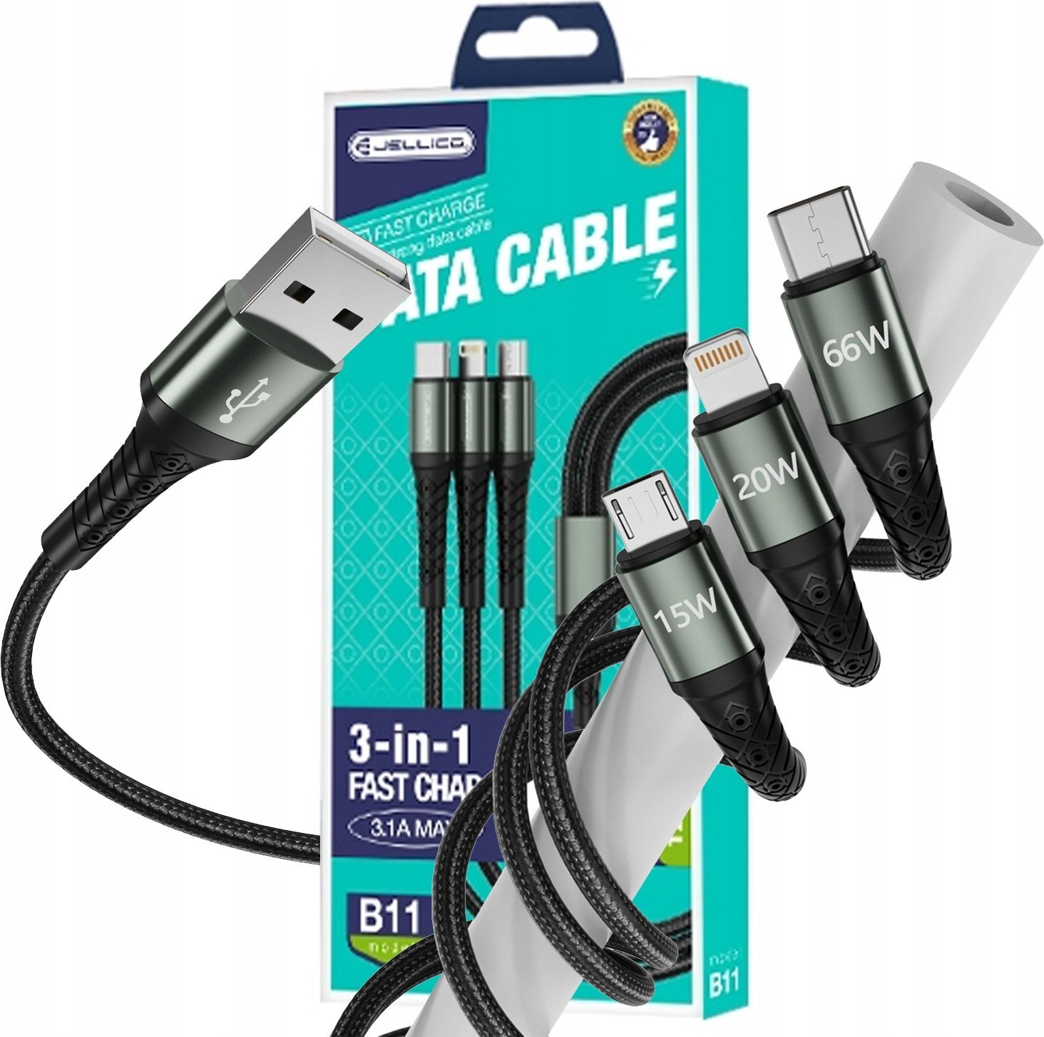 Kabel USB Jellico USB-A - USB-C + microUSB + Lightning 1.2 m Czarny (GSMA0236)