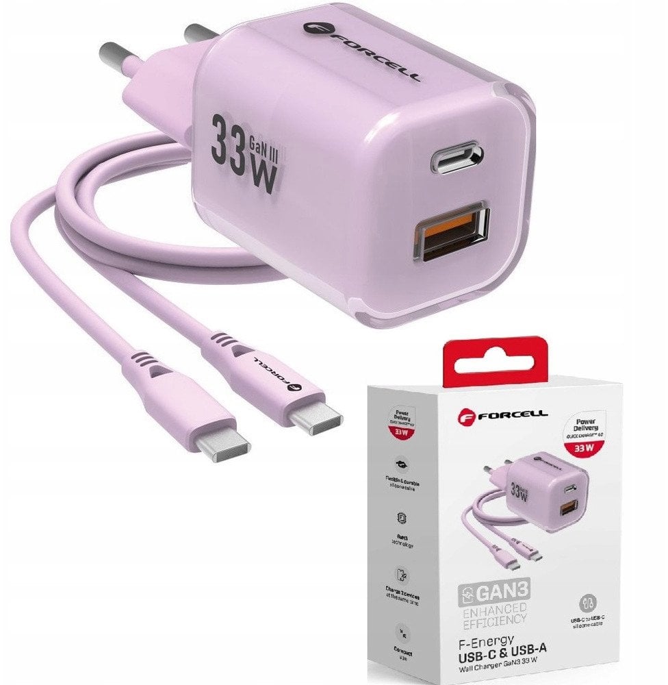 Ładowarka sieciowa do telefonu Forcell F-Energy GaN III Crystal Color USB C + USB A QC4.0 PD 33W + kabel USB C do USB C VT-41 fioletowa 0INT