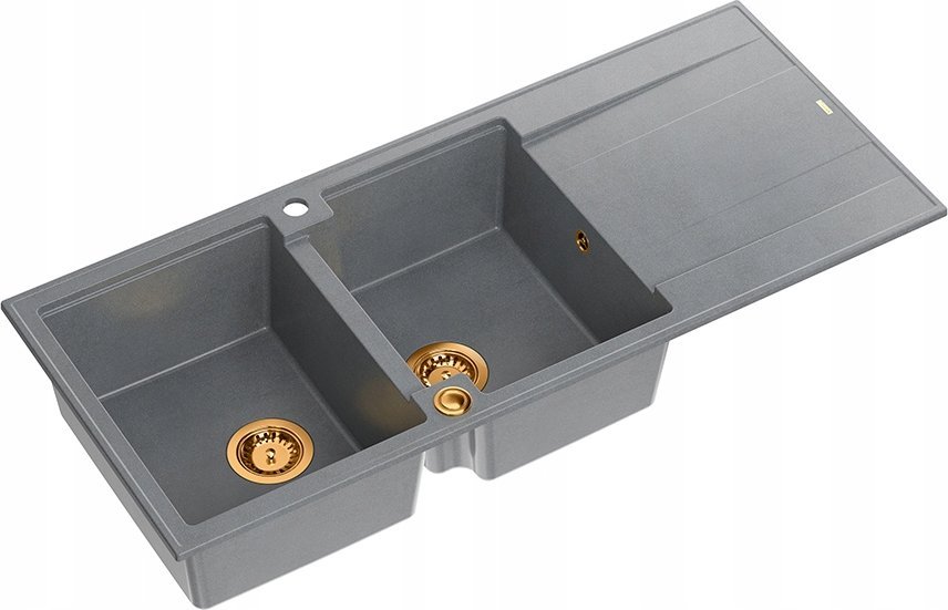 Zlewozmywak GraniteQ EVAN 121 zlewozmywak z syfonem Push To Open 2-komorowy z/o (1160x500x210; kom. 420x340) silver stone / elementy miedziane