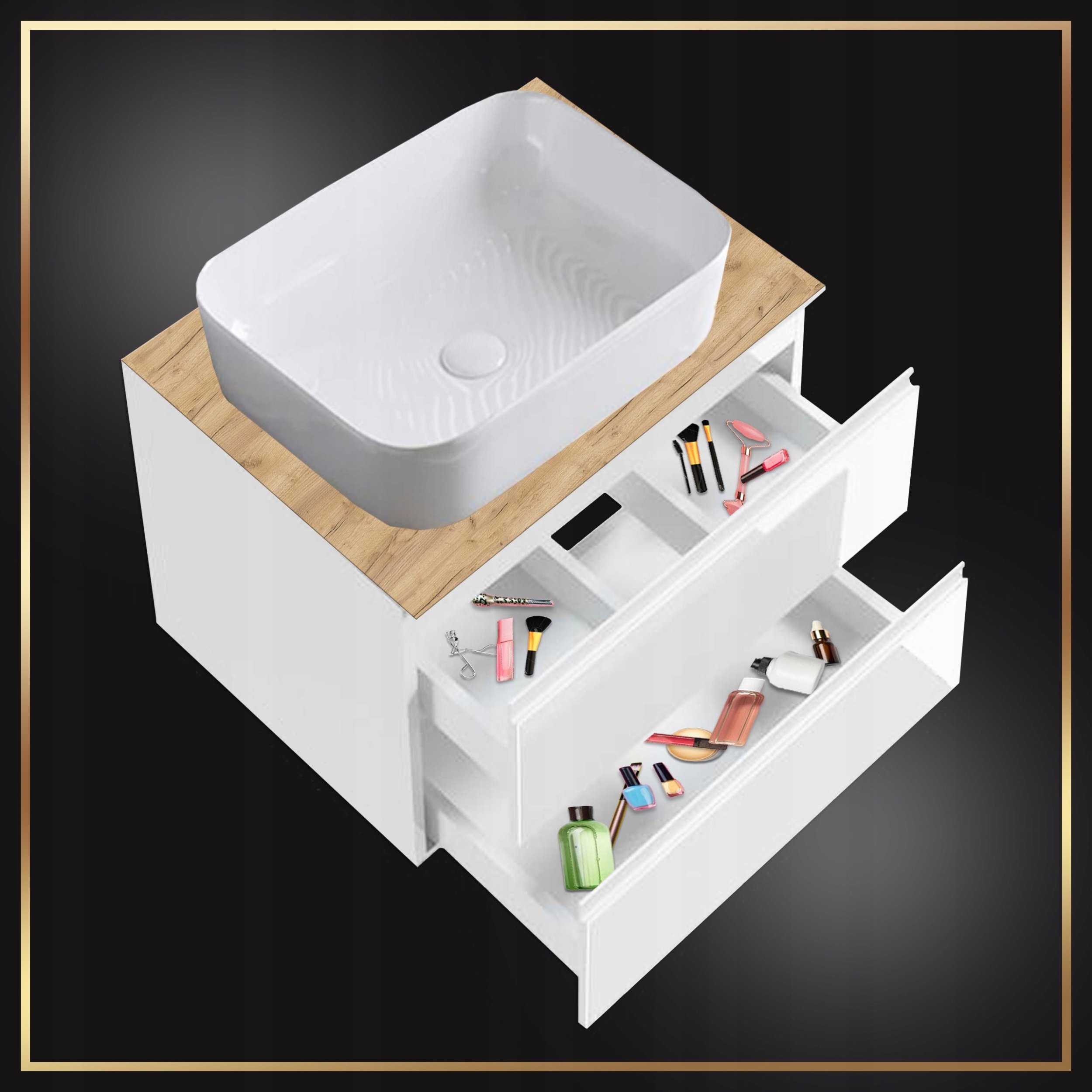 Szafka Wisząca Mod Biała z Blatem Dąb Złoty 60 Połysk + Umywalka Nablatowa