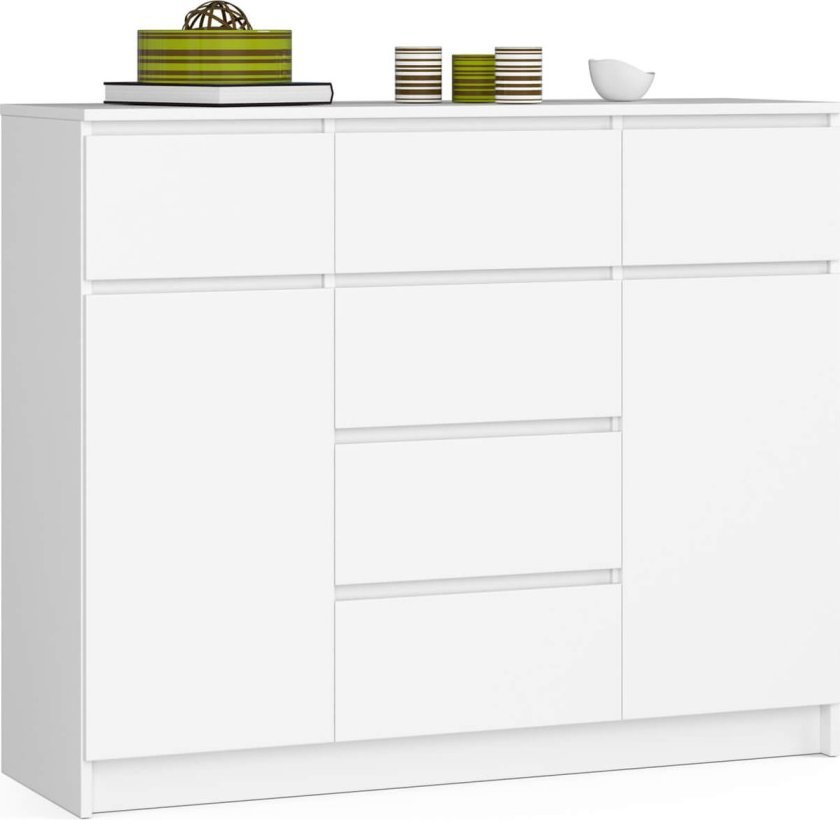 Fabryka Mebli Akord Komoda do salonu 120 cm K017 - Biała - 2 drzwi 6 szuflad