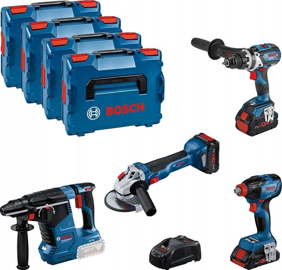 Bosch Professional 18V System Combo Kit: GSR 18V-110 C + GDX 18V-210 C + GWS 18V-10 + GBH 18V-24 C (incl. 2x ProCORE 5 batteries.