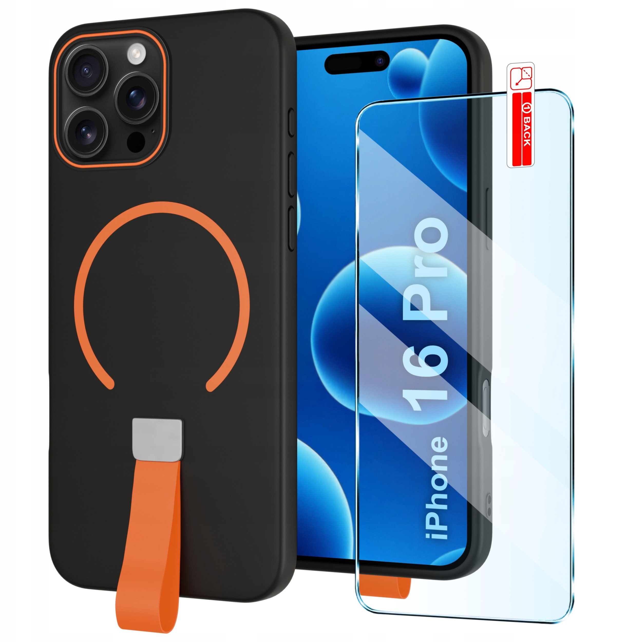 Etui z Paskiem na palec Matowe CZARNE do iPhone 16 Pro |do MagSafe +Szkło