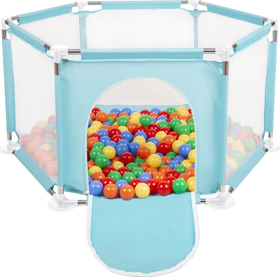 Selonis Selonis Sześciokąt składany KS-100X z piłeczkami 6cm miętowy: żółty-zielony-niebieski-czerwony-pomarańcz 63x64/200piłek Zabawka kojec