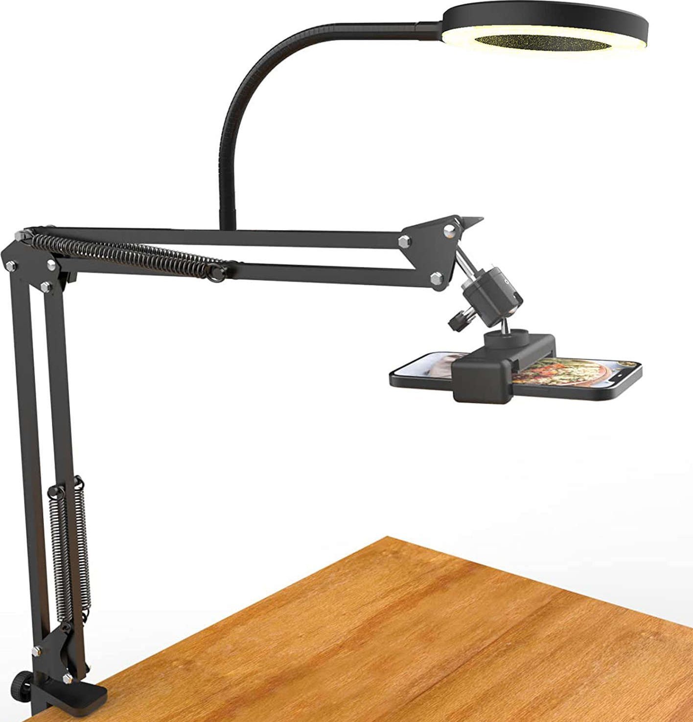 Lampka biurkowa Alogy Lampa kreślarska Ring LED Alogy z elastycznym ramieniem i statywem do blatu biurka uchwyt na telefon Czarna