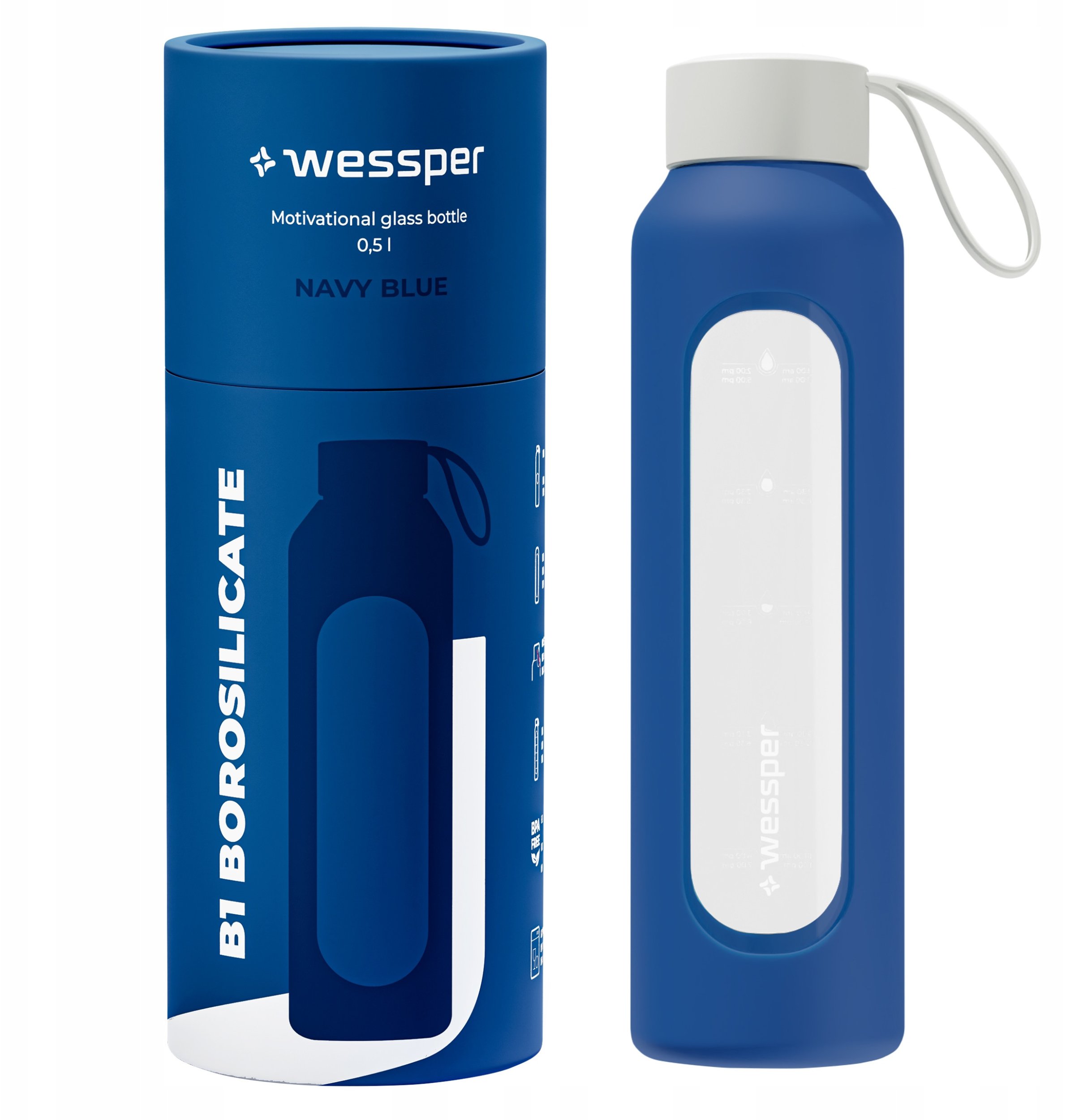 Szklana butelka Wessper B1 Borosilicate 500ml Navy Blue (WES260-500-NB-NEW)