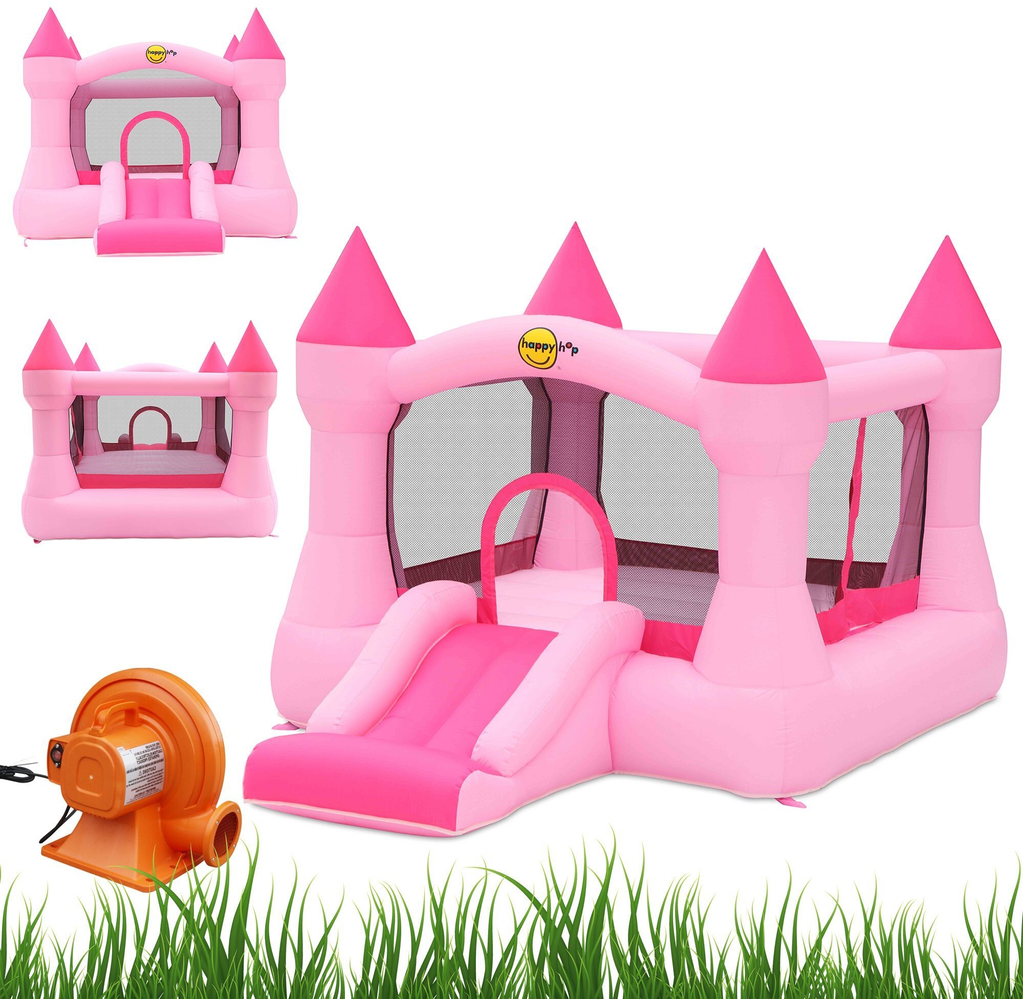 4iQ Group Nadmuchiwany ZAMEK PINK duży trampolina HappyHop dmuchawa