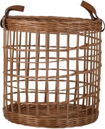 WickerPL Dekoracyjny Okrągły Ażurowy kosz z wikliny doniczka pojemnik ze skórzanymi rączkami 38 H38 cm