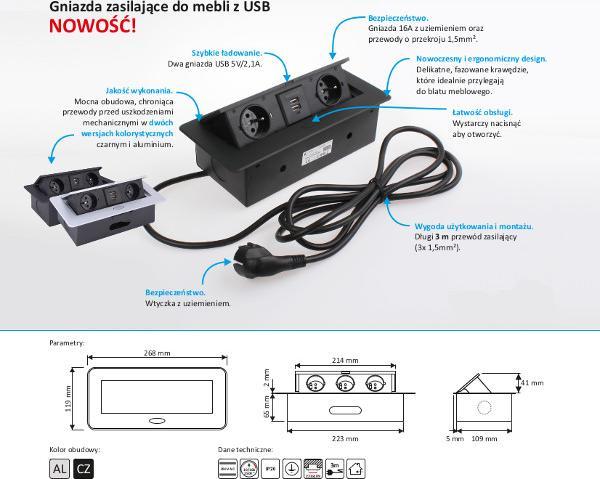 Design Light Gniazdko biurowe kolor aluminium prostokątne USB otwierane z blatu KOMBIBOX UZBROJONE Z PRZEWODEM 3M 230v x 2 + USB. Design Light KOMB-AL