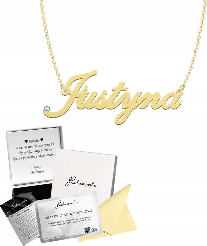 Radziszewska Jewellery Złoty Naszyjnik JUSTYNA Łańcuszek Kryształ Prezent SREBRO 925 DEDYKACJA