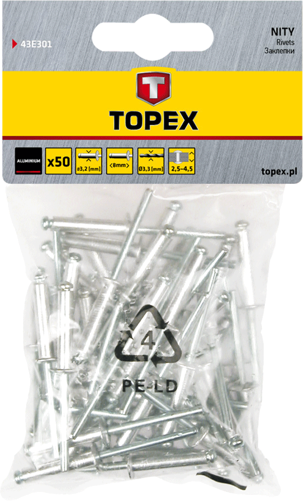 Topex Nity aluminiowe 3,2x8mm 50szt. - 43E301