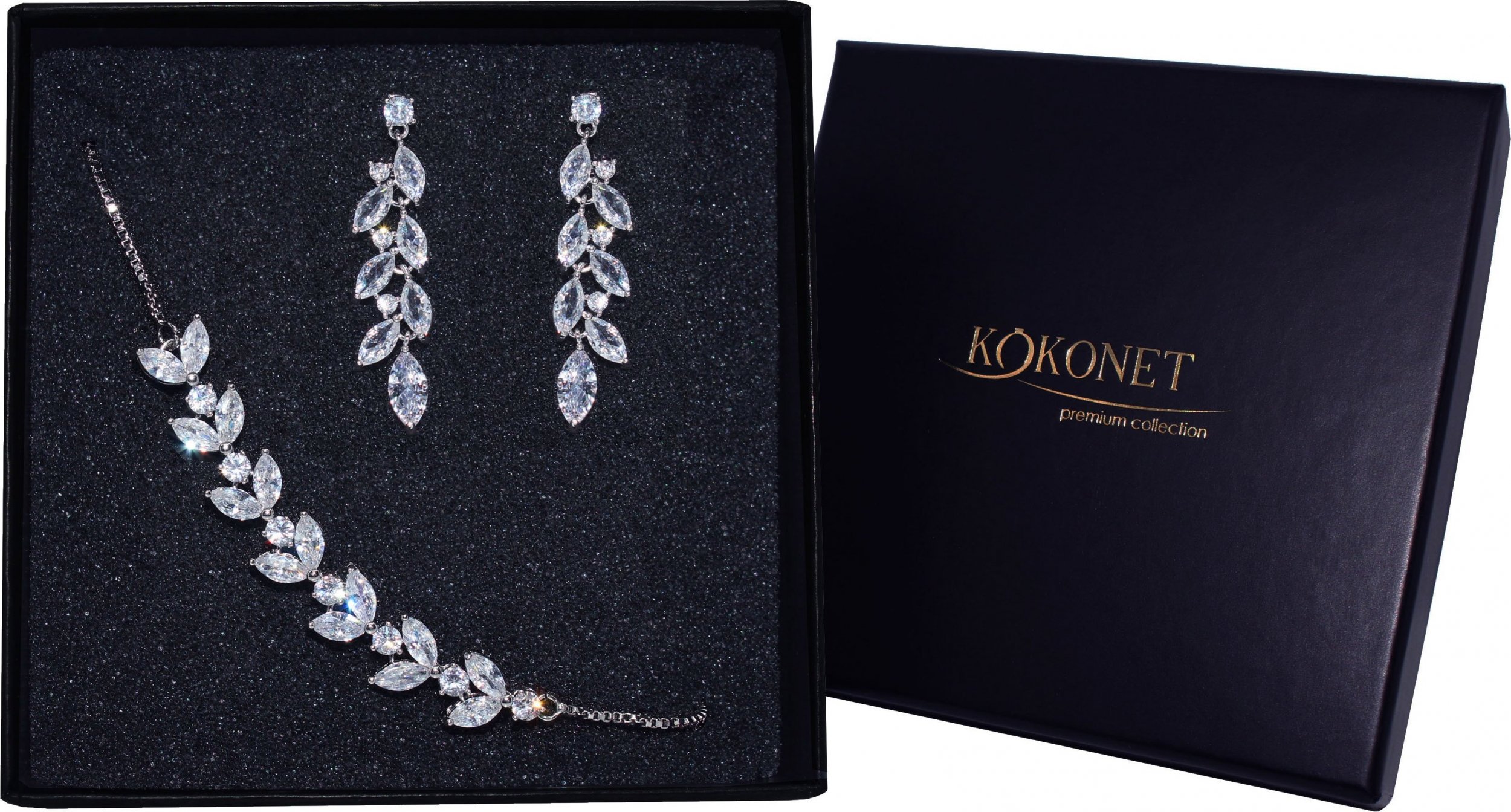 KOKONET SREBRNY komplet ślubny kolczyki z bransoletką listki cyrkonie kryształki