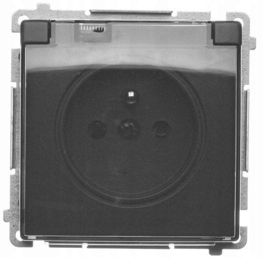 Simon Basic Gniazdo wtyczkowe z uziem., z przesł. torów prąd, IP44 (moduł) zaciski śrubowe klapka transp. czarny BMGZ1BZ.01/49A