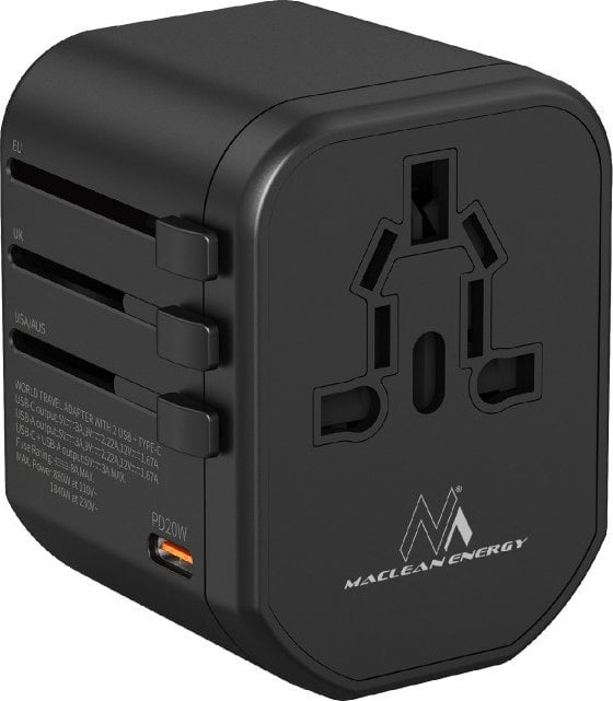 Maclean Adapter podróżny Maclean MCE238N zasilacz USB, 2xUSB 2,4A + USB-C PD 20W, Bezpiecznik 8A, Quick and Fast Charge, 200 krajów świata