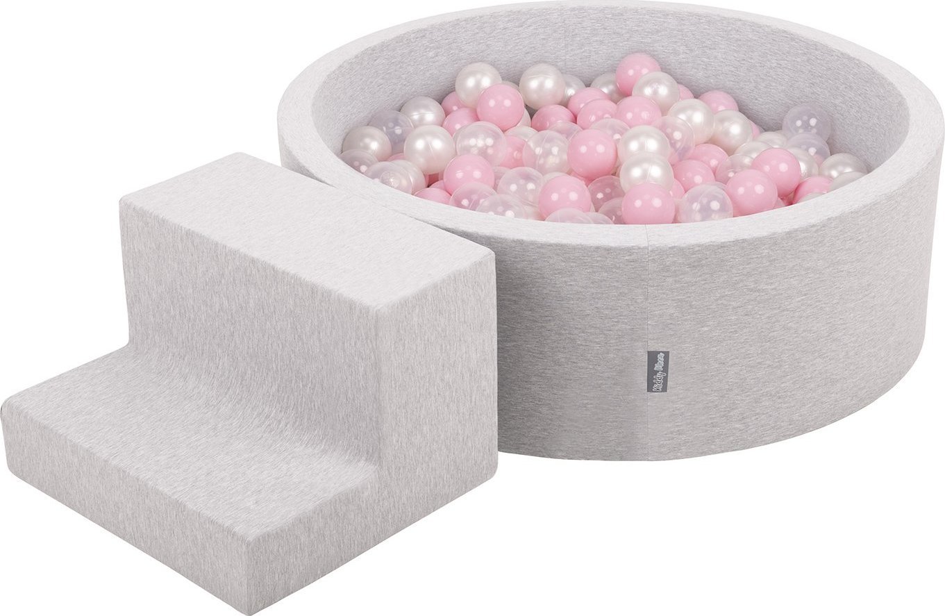 KiddyMoon KiddyMoon Piankowy plac zabaw PPZP-OK30D-122 z piłeczkami jasnoszary: pudrowy róż-perła-transparent basen 100/schodek Zabawka plac zabaw