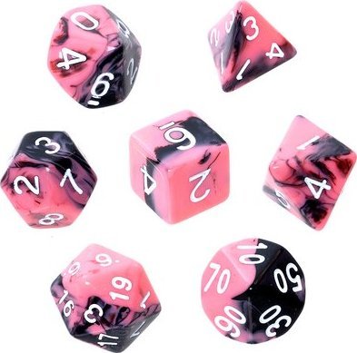 Rebel Komplet kości REBEL RPG - Dwukolorowe - Różowo-czarne (białe cyfry)