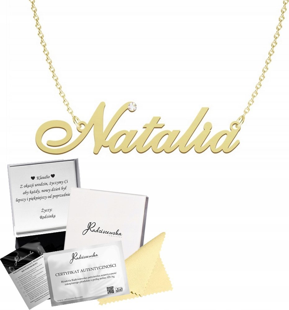 Radziszewska Jewellery ZŁOTY NASZYJNIK Z IMIENIEM NATALIA ŁAŃCUSZEK PREZENT SREBRO 925 DEDYKACJA