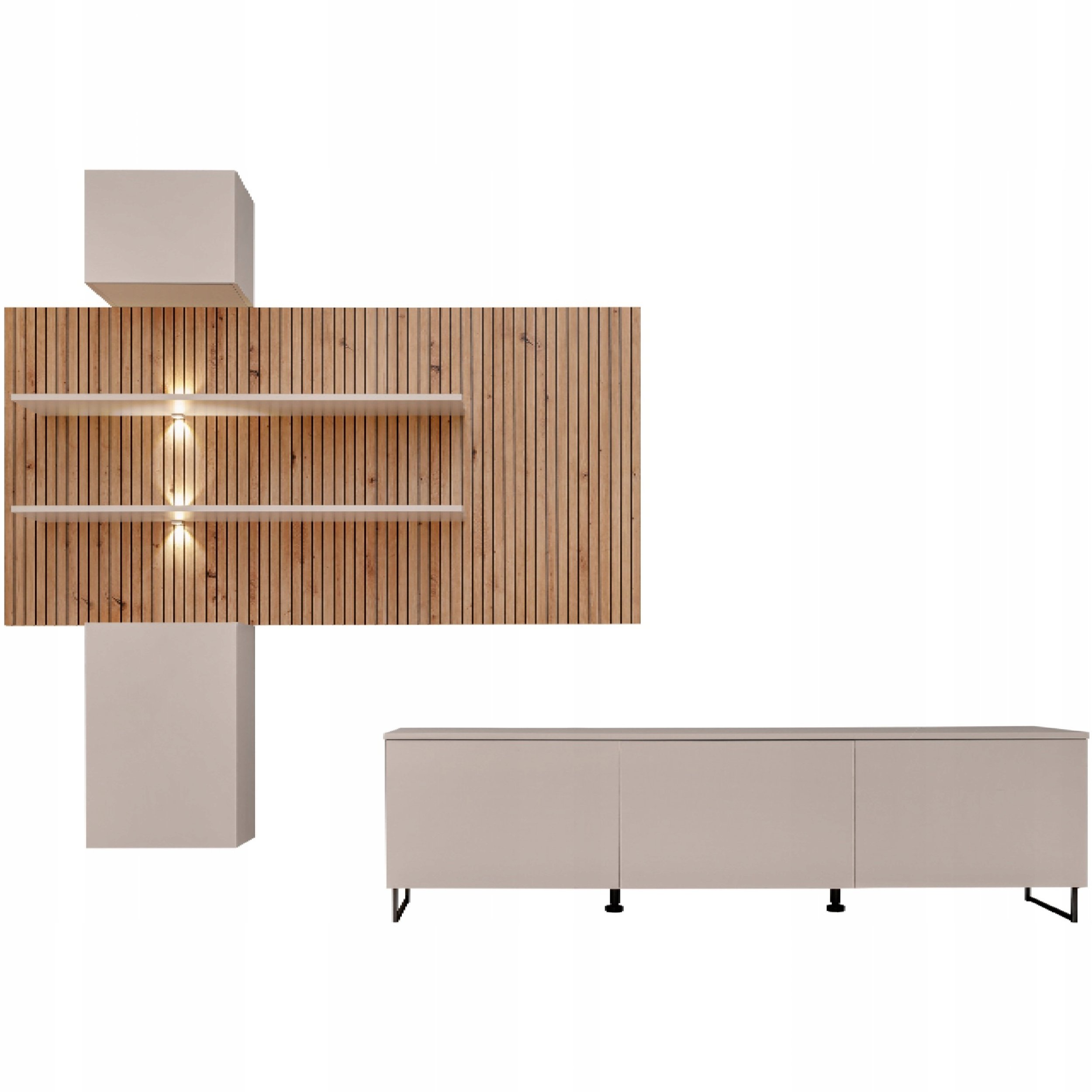 Meblościanka GUSTO PW A - zestaw RTV z LED - KASZMIR + lamele DĄB ARTISAN