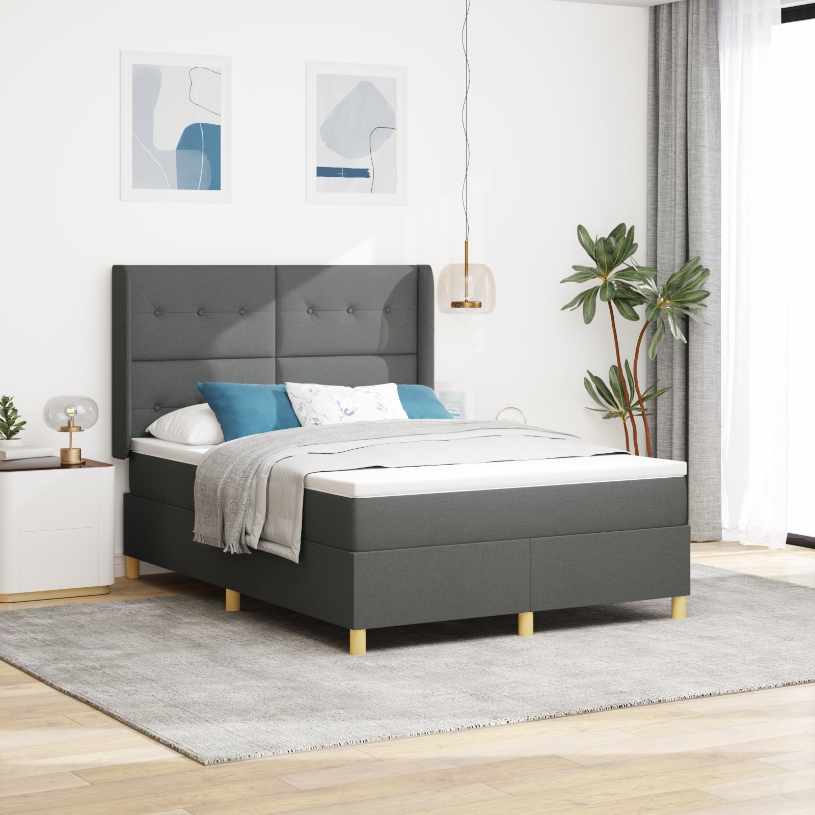 Łóżko Box Spring vidaXL z materacem i ledami Szary ciemny 160x200 cm Tkanina
