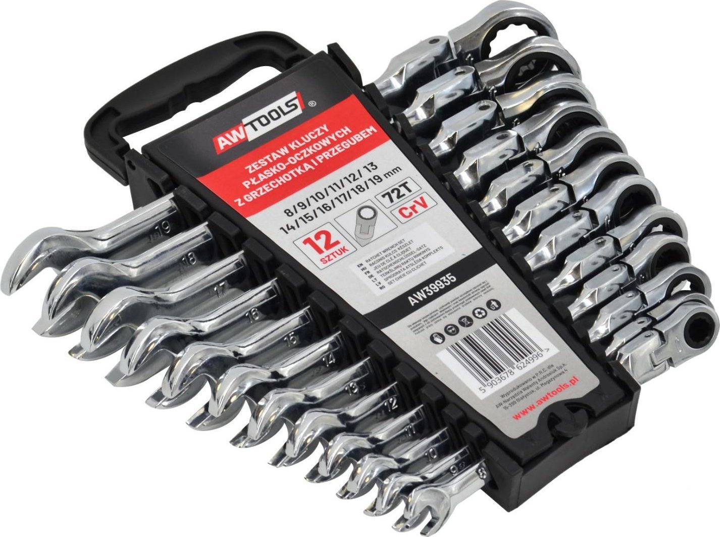 AWTOOLS KLUCZE PŁASKO-OCZKOWE Z GRZECHOTKĄ PRZEGUBOWE KOMPLET 12szt. 8-19mm