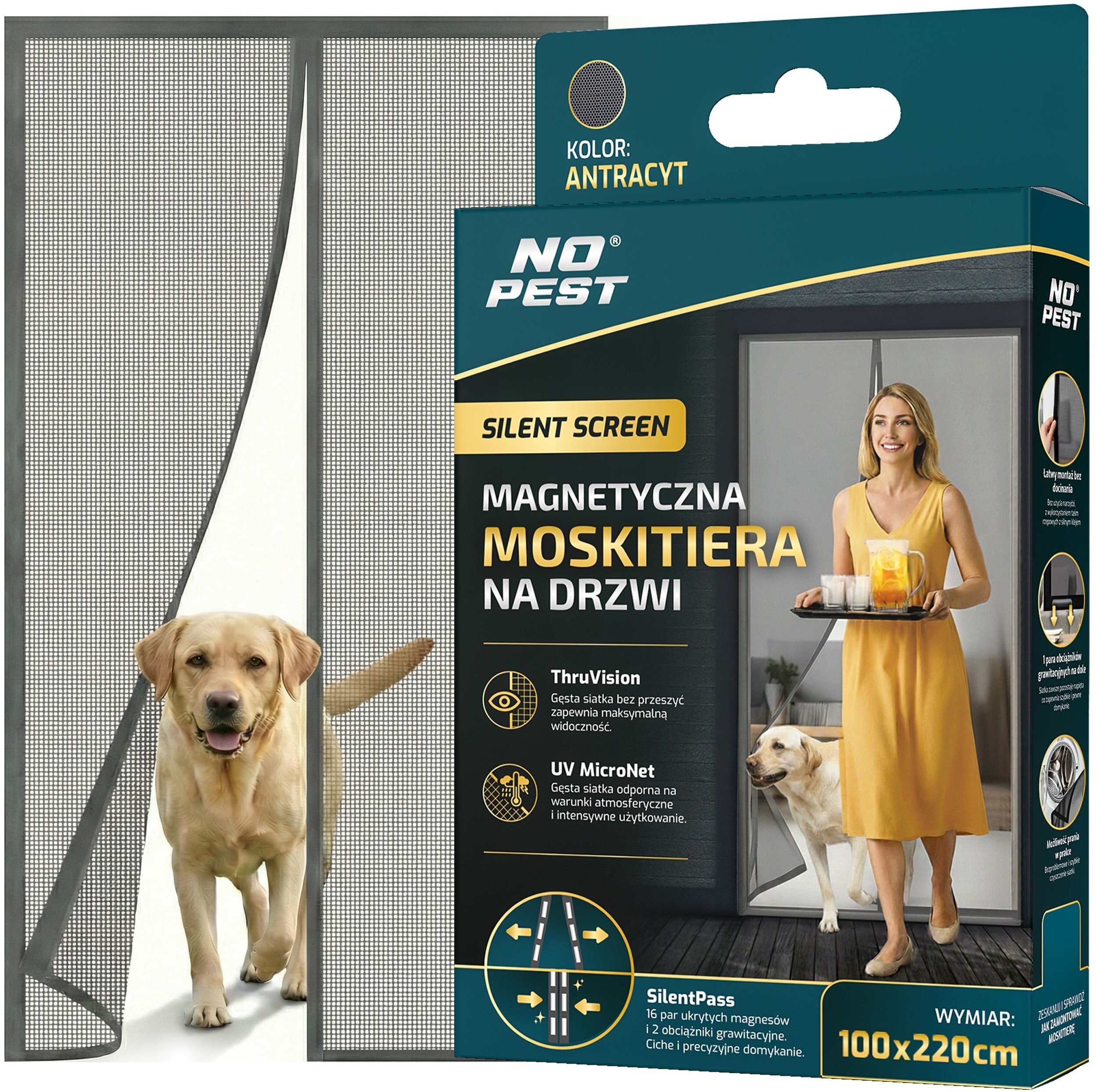 Moskitiera na Drzwi Balkonowe Magnetyczna Siatka na Komary Muchy Osy "Silent Screen" Antracytowa 220x100cm
