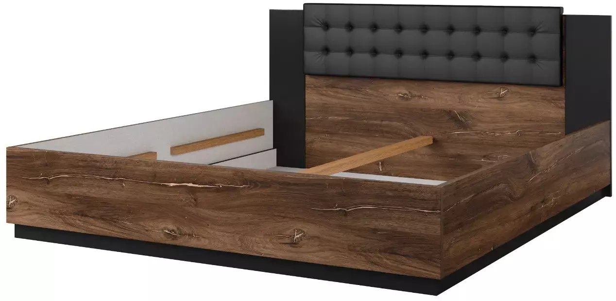 Łóżko SIGMA 180x200 dąb flagstaff miedziany/czarny mat z tapicerowanym zagłówkiem HELVETIA