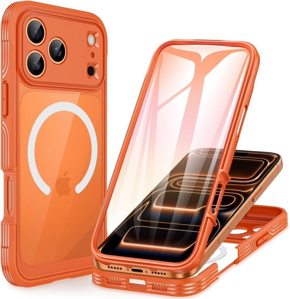 SUPERO Etui pancerne 360 MagSafe do iPhone 17 Pro Max, pomarańczowo-przezroczyste