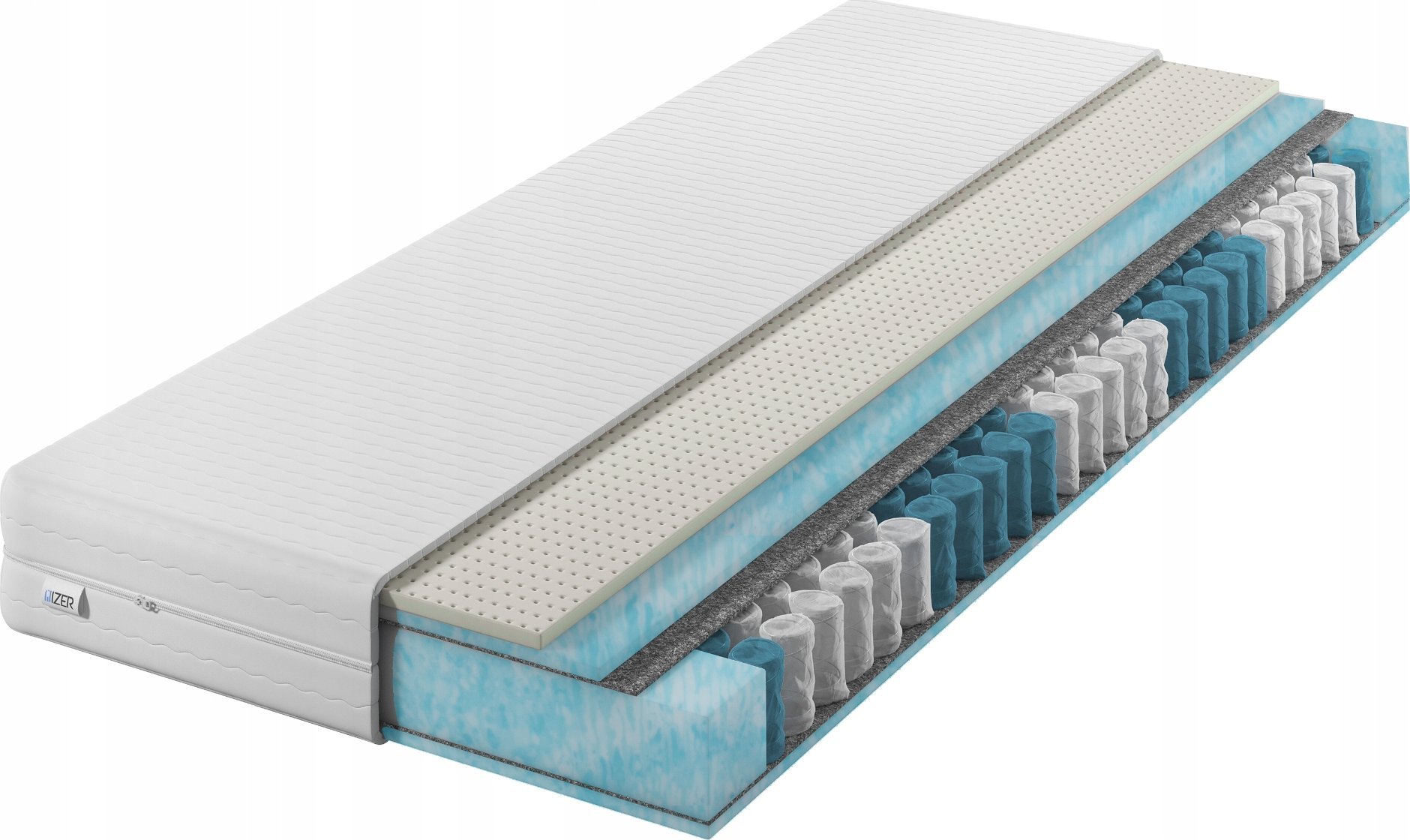 Materac sprężynowy Aqua GOLD + Lateks 70x190 22cm | LATEX | Dwustronny H2/H3 | 7 stref | Rdzeń ze sprężyn kieszeniowych | Pikowany pokrowiec