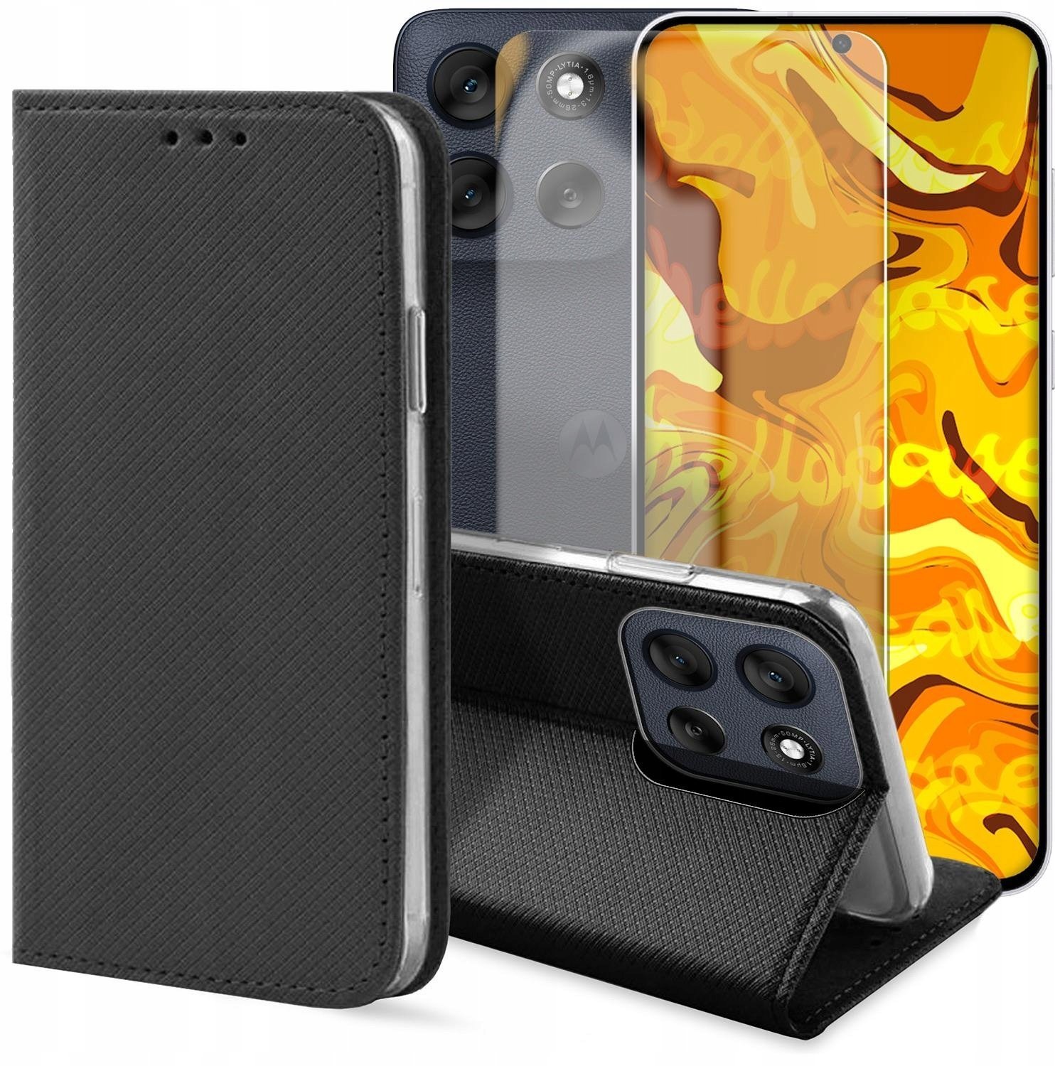 Etui z Klapką Do Motorola Moto G56 (Czarne, Zamykane, Magnetyczne) Szkło