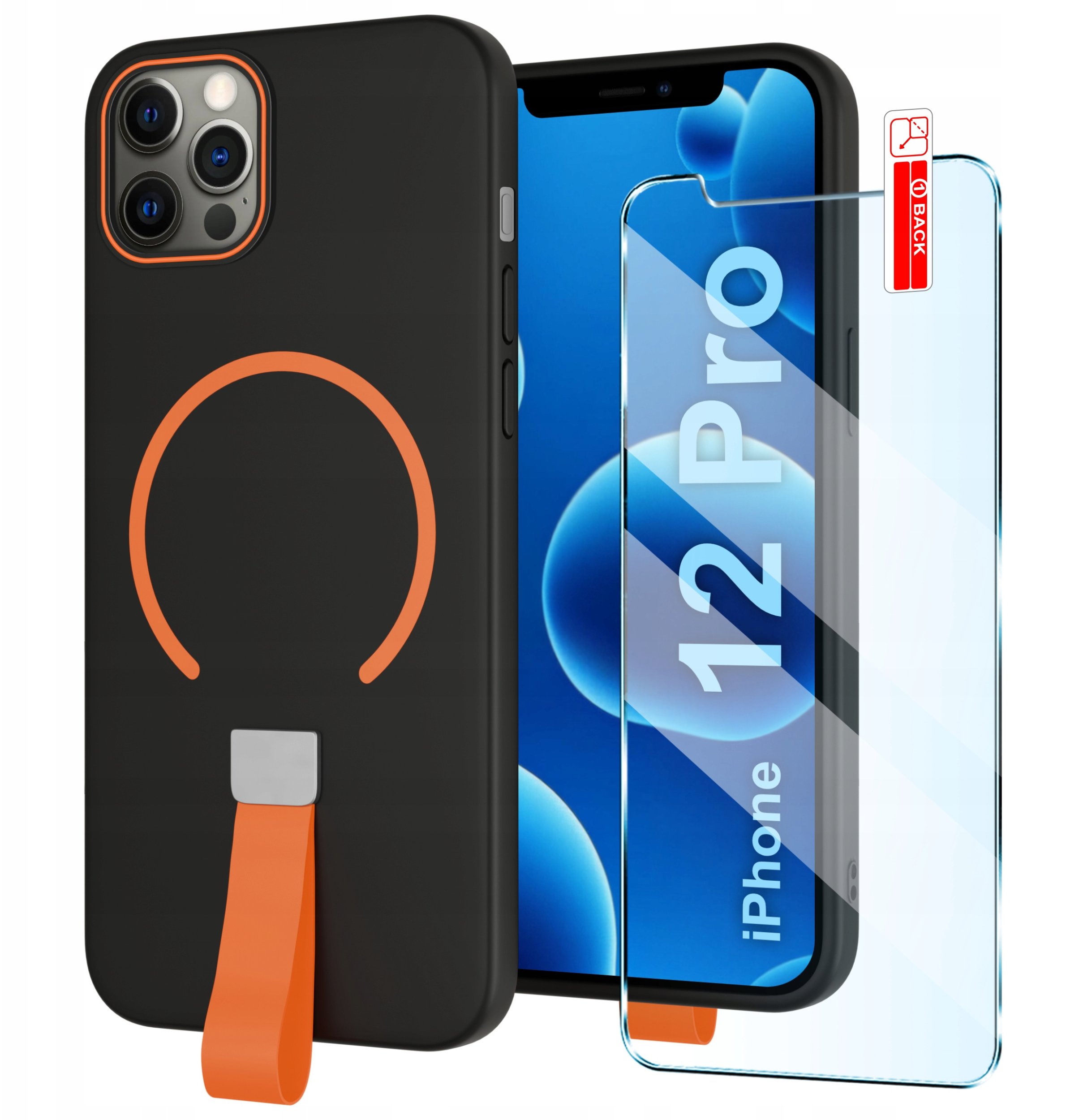 Etui z Paskiem na palec Matowe CZARNE do iPhone 12 Pro |do MagSafe +Szkło