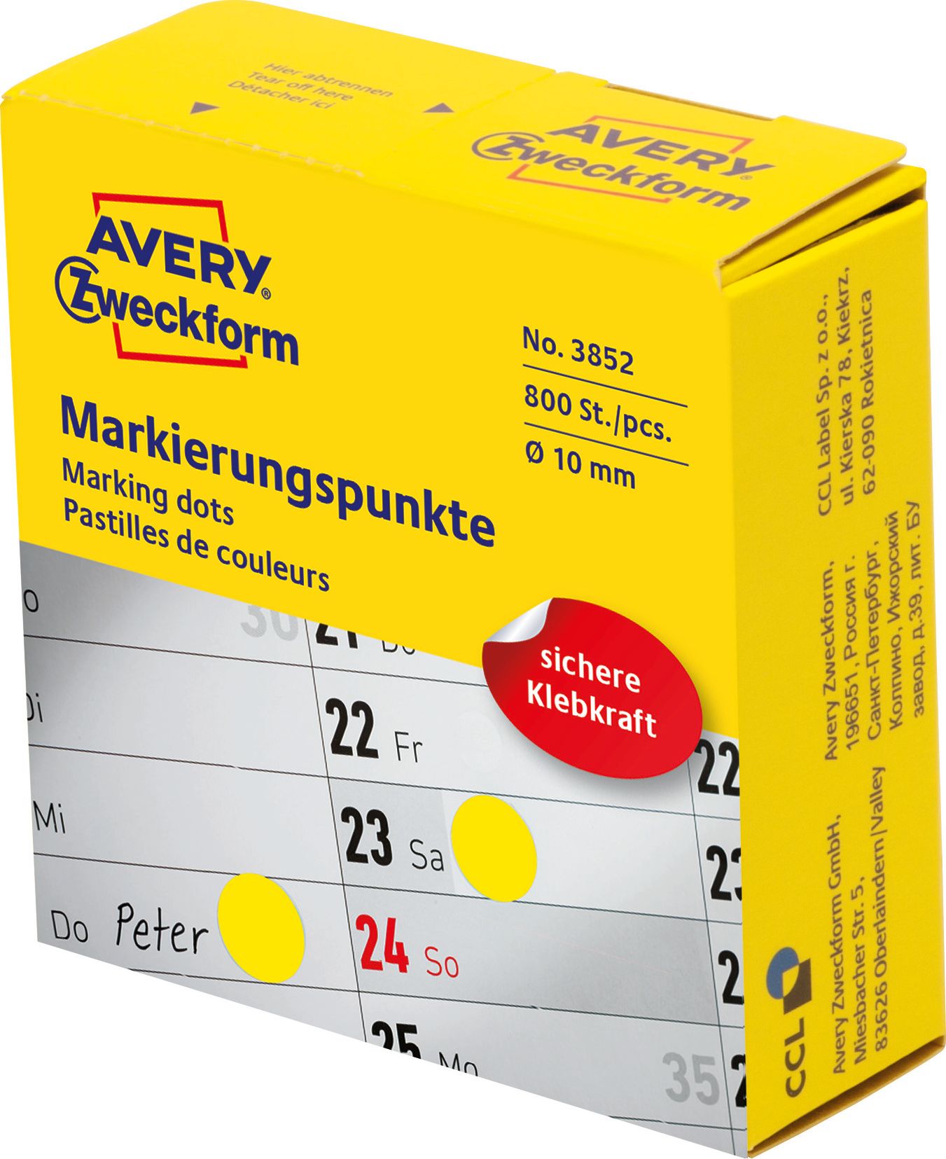 Avery Zweckform Kółka do zaznaczania w dyspenserze Avery Zweckform, 800 szt./rolka, O10 mm, żółte, ŻÓŁTY