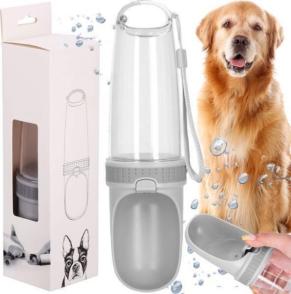 Springos Butelka na wodę dla psa, kota z filtrem i poidełkiem 350 ml szara, przeźroczysta UNIWERSALNY