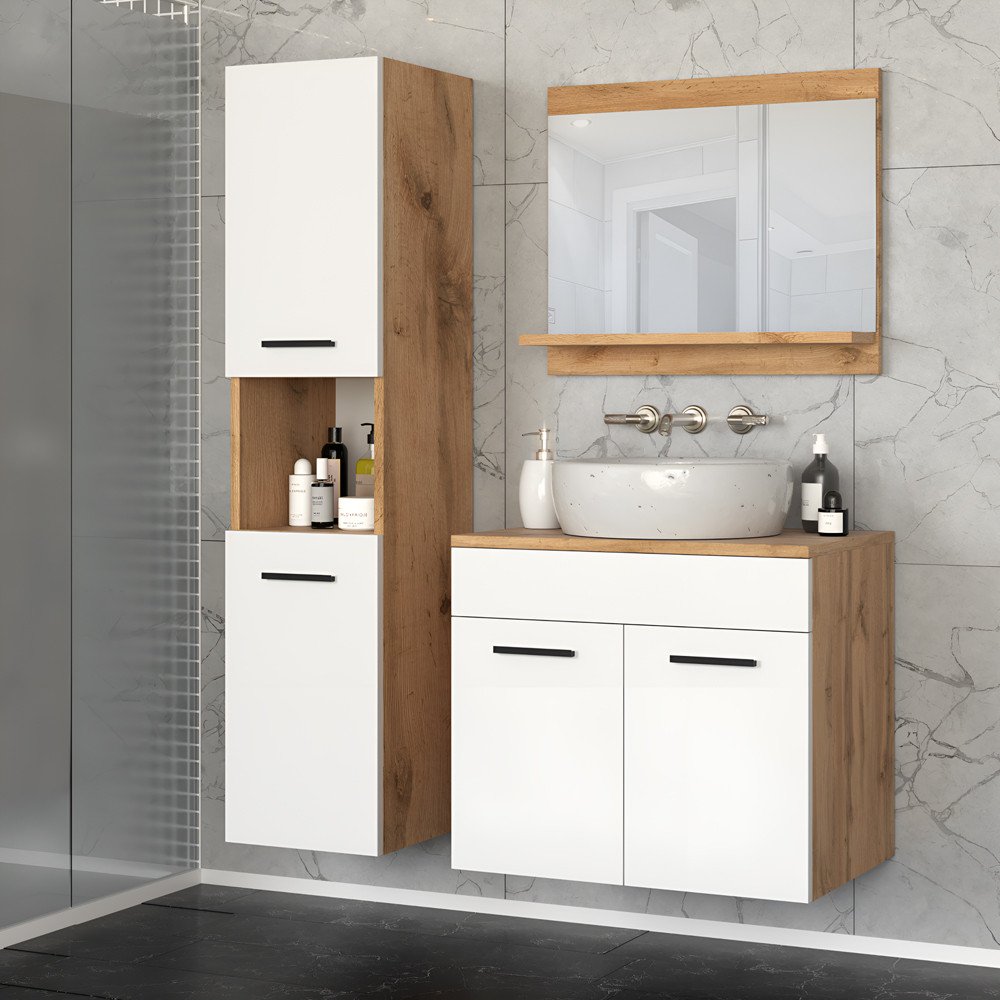 Zestaw Mebli Do Łazienki 90cm Szafka Umywalka Lustro Słupek Wotan Biały