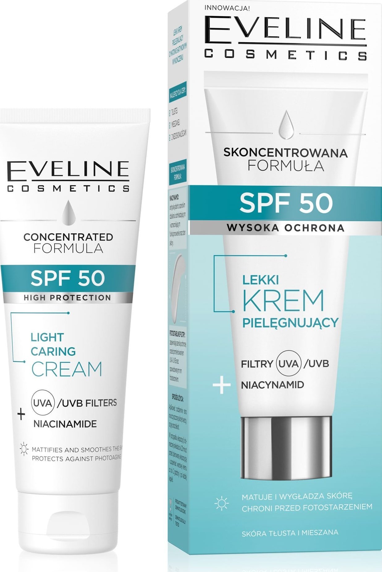 Eveline EVELINE SPF 50 Lekki Krem pielęgnujący Filtry+Niacynamid do cery tłustej i mieszanej 30 ml