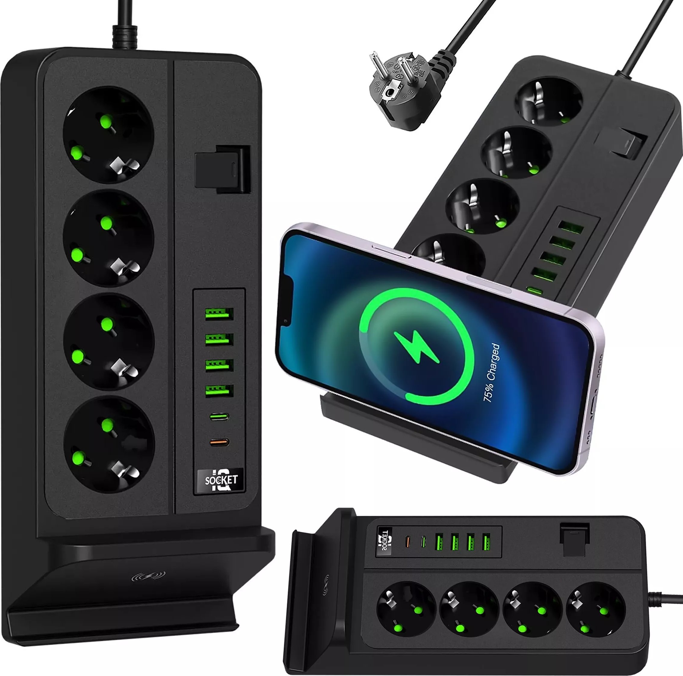 Alogy Rozgałęźnik gniazdka Alogy Plug Extender rozdzielacz adapter przedłużacz z ładowarką Qi indukcyjną 4x wtyczka EU + 4x USB + 2x USB-C Czarny