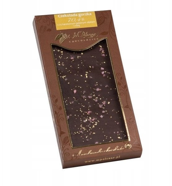 M.Pelczar Chocolatier Gorzka czekolada z 23-karatowym jadalnym złotem i płatkami róży 85g