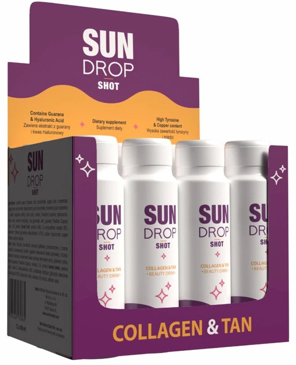 12x Shot do Opalania SUN DROP Collagen Tan Beauty Drink do PICIA z guaraną 80ml