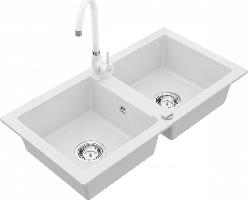 Zlewozmywak Mexen Mario granitowy 2-komorowy z baterią kuchenną Telma, biały - 6504-20-670200-20