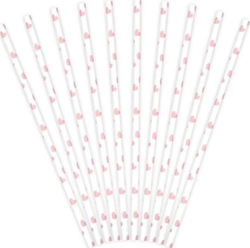 Party Deco Słomki papierowe do picia w jasnoróżowe serduszka, 19,5 cm, 10 szt. uniwersalny