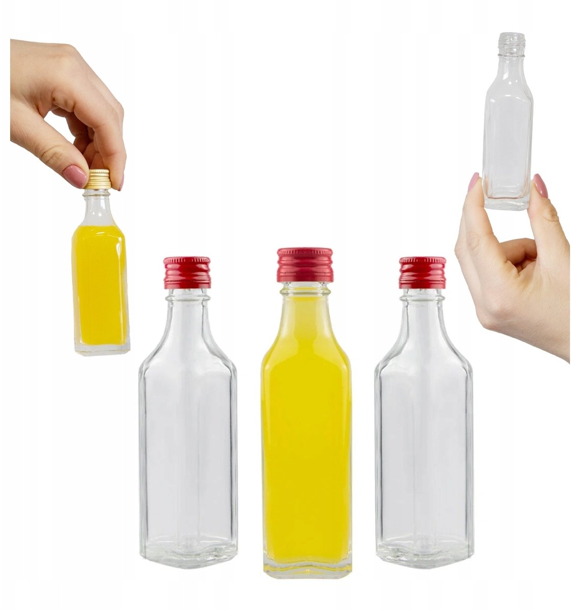 100x BUTELKA KĄTÓWKA 50ml + ZAKRĘTKA Mini Butelki Na Prezent Ślub Nalewki