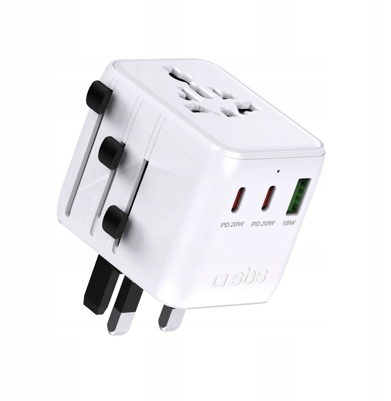 Universal travel adapter with USB-A and 2x USB-C P