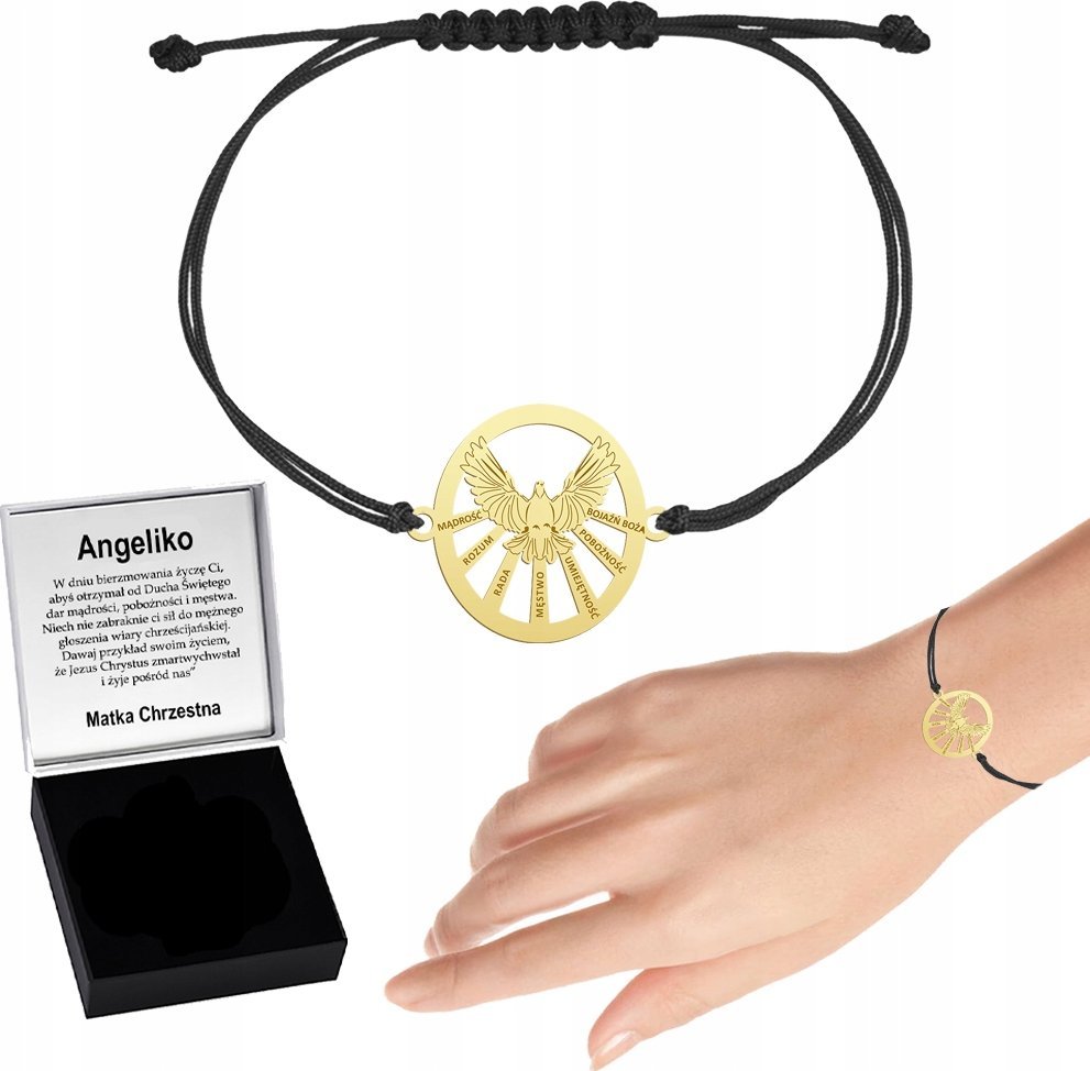 MEJK Jewellery Bransoletka Złota 7 darów Ducha Świętego Sznurek 925 Prezent GRAWER GRATIS