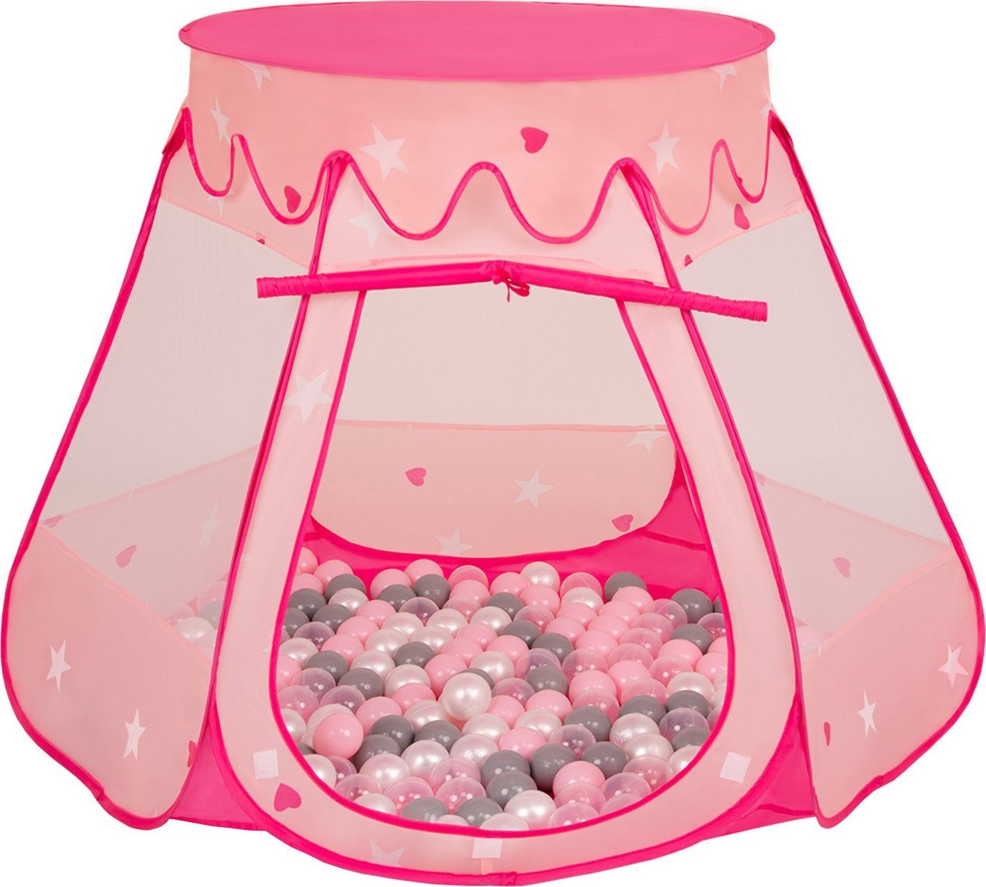 Selonis Selonis Namiot zamek NZ-100X z piłeczkami 6cm różowy: perła-szary-transparent-pudrowy róż 105x90cm/600piłek Zabawka namiot dla dzieci