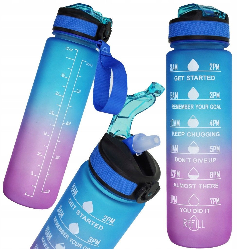 Bidon Motywacyjny 1000 ml Sportowy 1L Butelka na Wodę Zielony-Pomarańczowy