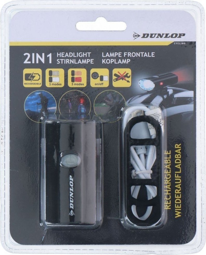 Dunlop LAMPA ROWEROWA 2W1 ŁADOWANIE usb, UCHWYT DO MOCOWANIA NA KASKU