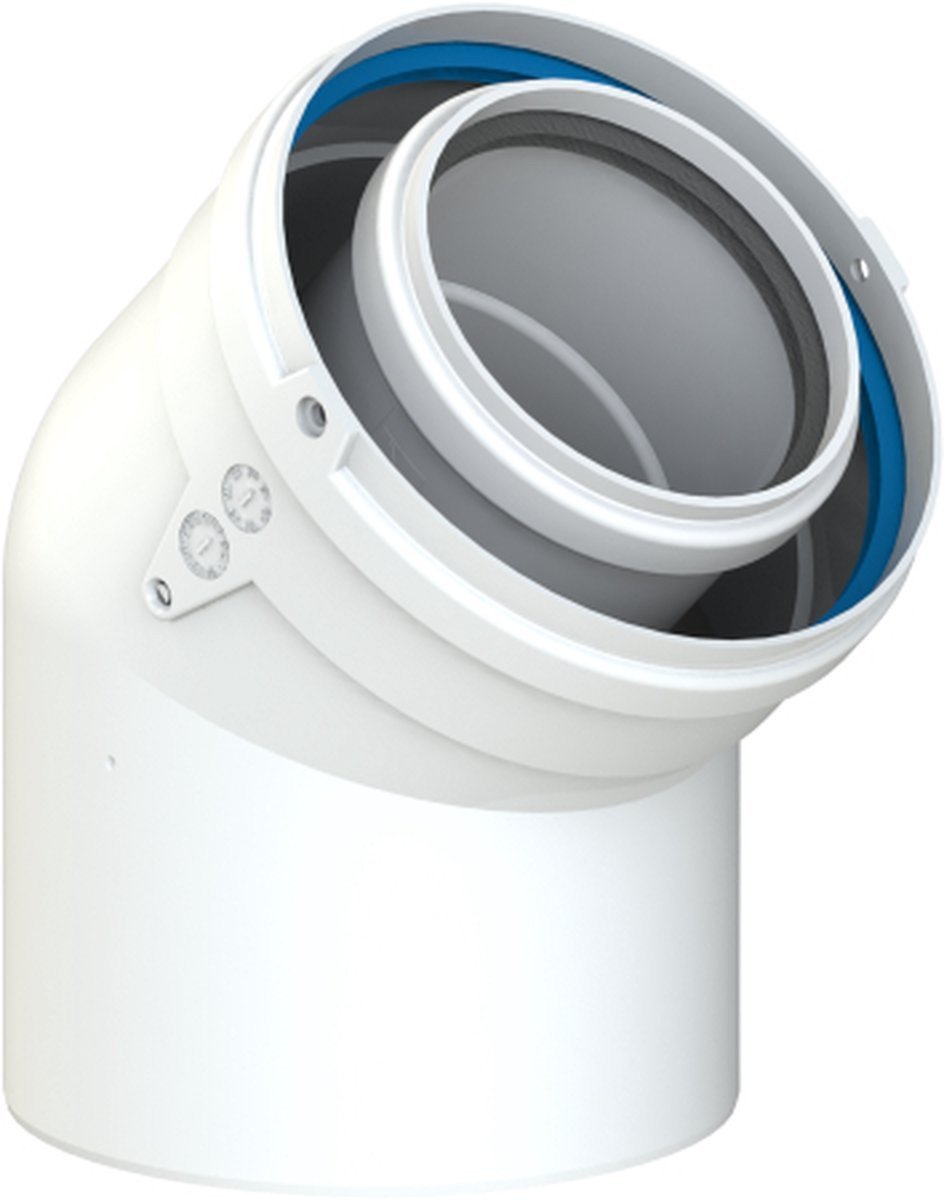 Kolano spalinowe 60/100 (PP/AL) dwuścienne białe 45 st.